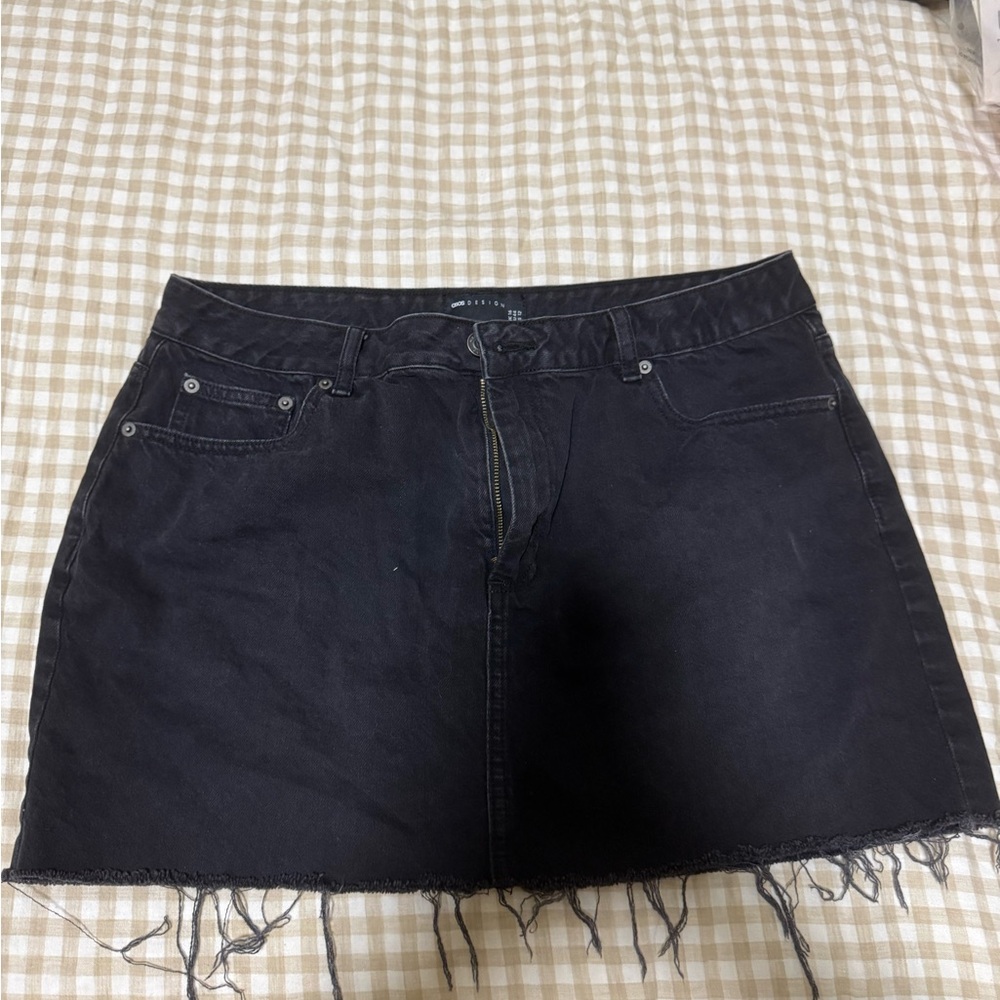 Black Denim Mini Skirt with Frayed Hem